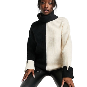 4th & Reckless Black Cream Split Two-Tone Knit Turtleneck Sweater M NWOT
